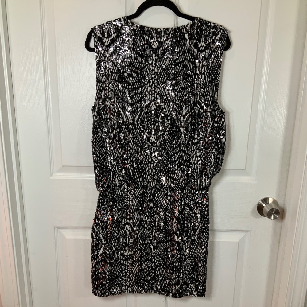 Rebecca Minkoff Spirit Animal Sequin Black Silver Silk Mini Dress Size 4 - Picture 5 of 9